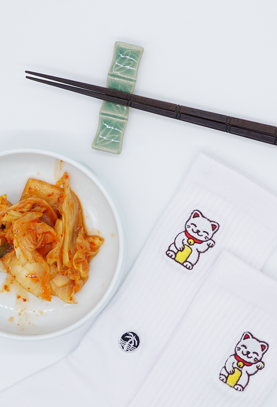 KYU.ONE: Asian cat embroidered on white crew sock with kimchi on the side
