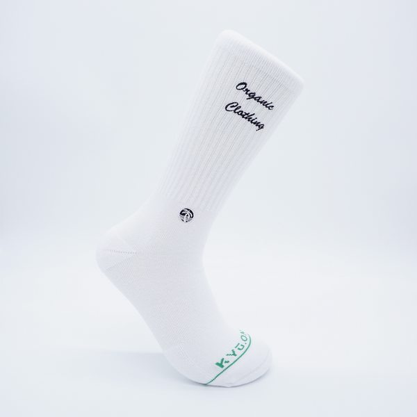 White crew sock with "organic clothing" tag line on the calf and KYU.ONE company logo